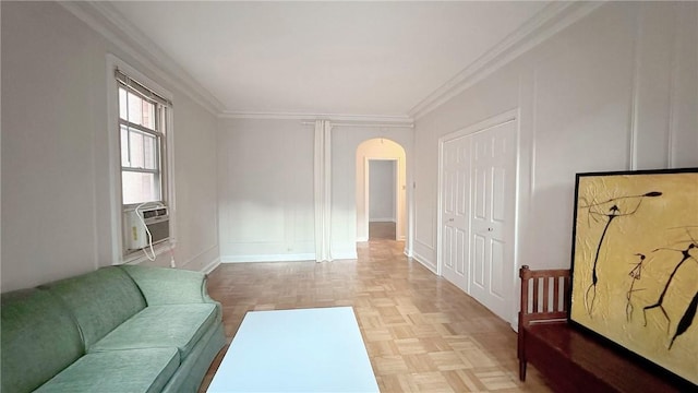 144 N Dithridge St Unit 703, Oakland, PA 15213 - living room featuring arched walkways, ornamental molding, and a decorative wall