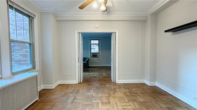 144 N Dithridge St Unit 703, Oakland, PA 15213 - hall with radiator, plenty of natural light, ornamental molding, baseboards, and cooling unit