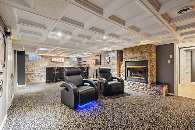 107 Belmont Cir, Uniontown, PA 15401 - carpeted cinema featuring baseboards, a fireplace, and coffered ceiling