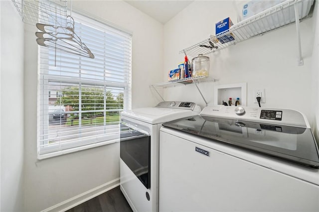11572 Salerno Dr, North Huntingdon, PA 15642 - laundry room featuring washing machine and dryer, baseboards, and dark wood-style floors