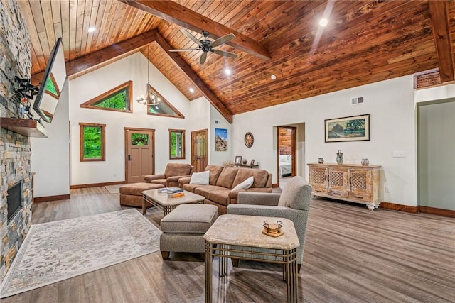 266 Deer Fern Dr, Donegal Wml, PA 15501 - living area with wooden ceiling with exposed beams, baseboards, high vaulted ceiling, wood finished floors, and ceiling fan