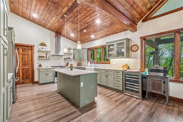 266 Deer Fern Dr, Donegal Wml, PA 15501 - kitchen with beverage cooler, appliances with stainless steel finishes, vaulted ceiling, wooden ceiling, and green cabinetry