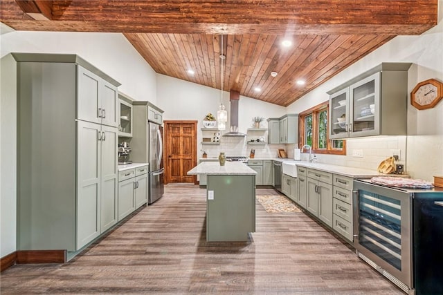 266 Deer Fern Dr, Donegal Wml, PA 15501 - kitchen featuring stainless steel appliances, wooden ceiling, a sink, beverage cooler, and open shelves