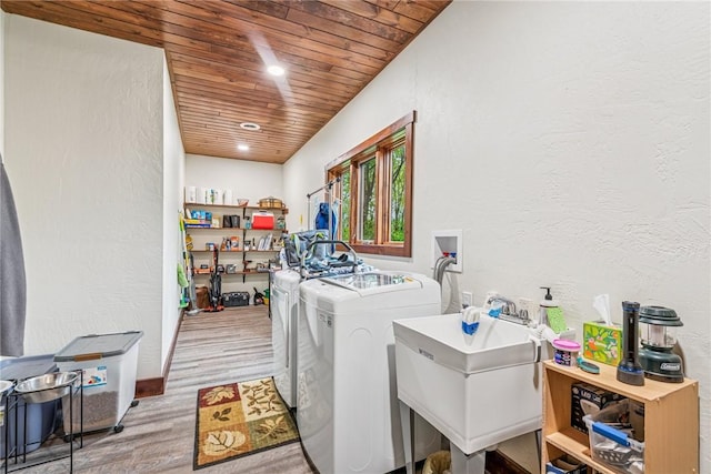266 Deer Fern Dr, Donegal Wml, PA 15501 - laundry room featuring wood ceiling, independent washer and dryer, wood finished floors, a textured wall, and baseboards