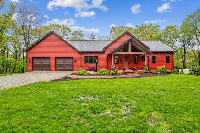 266 Deer Fern Dr, Donegal Wml, PA 15501 - rustic home with gravel driveway, a front lawn, and a garage