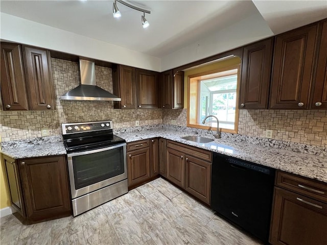 122 E Elizabeth St, New Castle/2Nd, PA 16105 - kitchen with wall chimney exhaust hood, electric stove, dishwasher, a sink, and backsplash