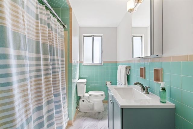1317 Cathell Rd, Baldwin Boro, PA 15236 - full bath featuring vanity, tile walls, a wainscoted wall, marble look tile flooring, and a shower with shower curtain