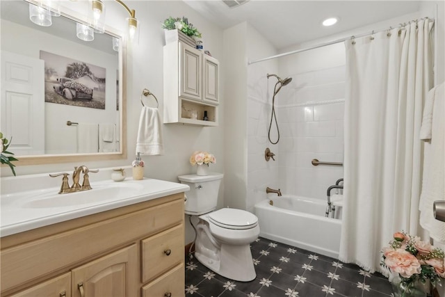 108 Covington Dr, Center Twp, PA 16001 - bathroom with toilet, vanity, shower / tub combo, tile patterned floors, and recessed lighting