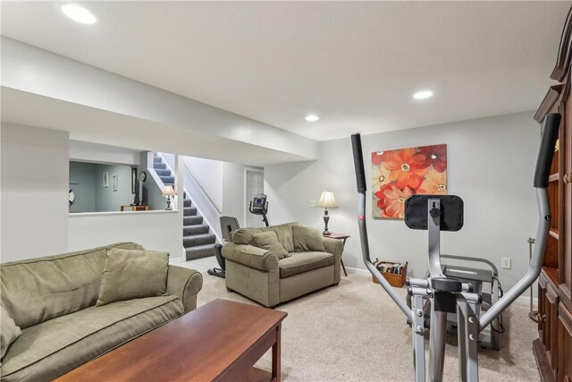 108 Covington Dr, Center Twp, PA 16001 - living area with stairs, light carpet, recessed lighting, and baseboards