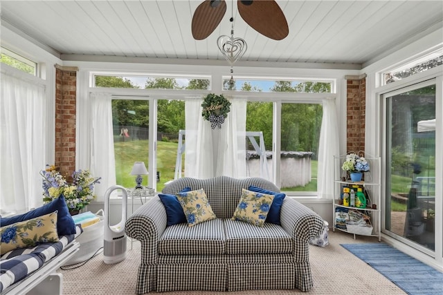 108 Covington Dr, Center Twp, PA 16001 - sunroom with carpet, brick wall, and wood ceiling