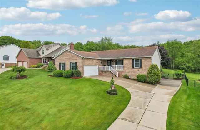 108 Covington Dr, Center Twp, PA 16001 - ranch-style home with a chimney, brick siding, concrete driveway, a porch, and an attached garage