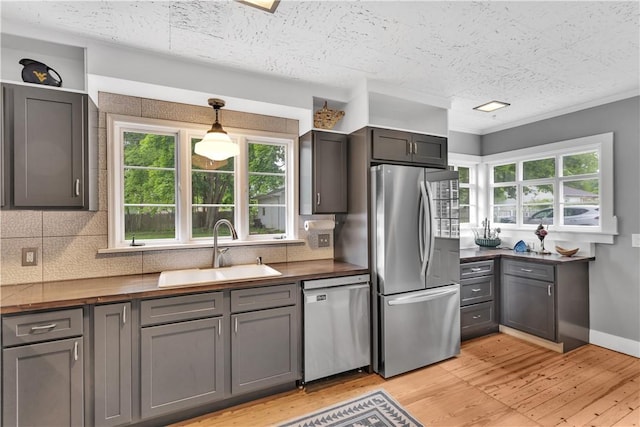 111 E Sheridan Ave, New Castle/2Nd, PA 16105 - kitchen with appliances with stainless steel finishes, a sink, light wood-type flooring, decorative backsplash, and gray cabinets
