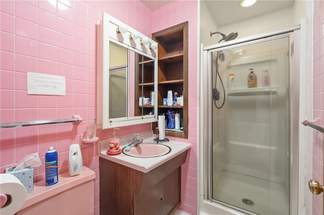 1007 High St, Luzerne Twp, PA 15417 - full bathroom featuring vanity, a shower stall, and tile walls