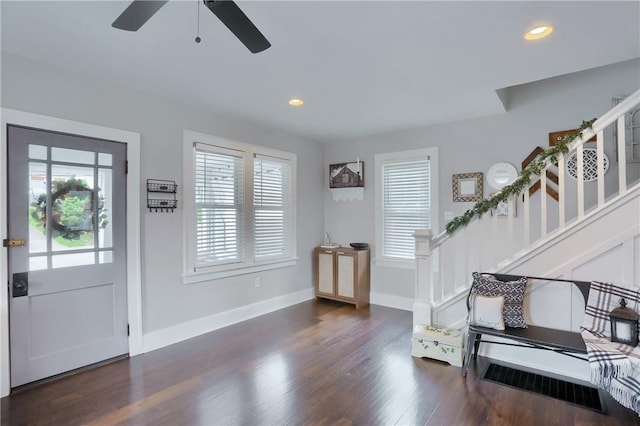 27 Laurel Ave, City Of Washington, PA 15301 - foyer entrance featuring stairs, wood finished floors, a ceiling fan, baseboards, and recessed lighting