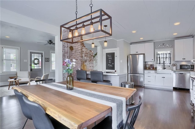 27 Laurel Ave, City Of Washington, PA 15301 - dining room featuring ceiling fan, recessed lighting, dark wood-type flooring, and baseboards