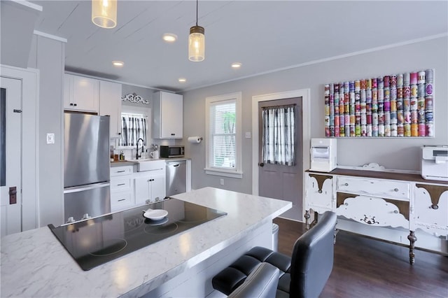 27 Laurel Ave, City Of Washington, PA 15301 - kitchen featuring stainless steel appliances, a sink, dark wood finished floors, white cabinets, and recessed lighting