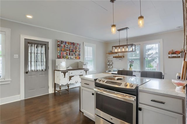 27 Laurel Ave, City Of Washington, PA 15301 - kitchen with electric stove, crown molding, light countertops, decorative light fixtures, and dark wood-style floors