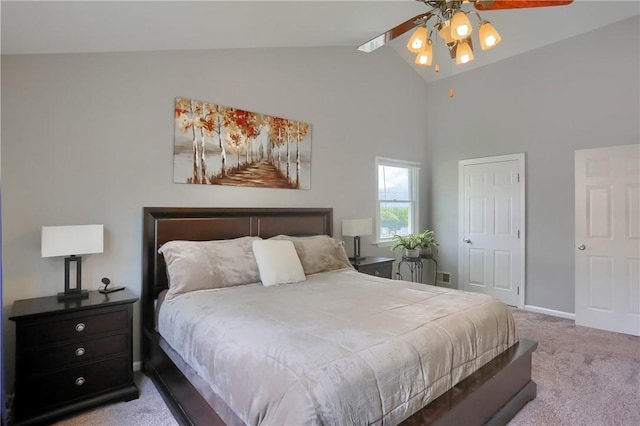 2114 Swallow Hill Rd, Scott Twp Sal, PA 15220 - carpeted bedroom with baseboards, high vaulted ceiling, and a ceiling fan
