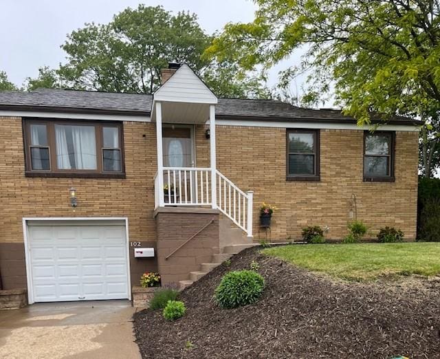 102 Rose Ave, Ross Twp, PA 15229 - single story home with a garage, brick siding, concrete driveway, and a chimney