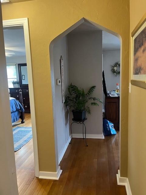102 Rose Ave, Ross Twp, PA 15229 - hallway with hardwood / wood-style floors, arched walkways, and baseboards