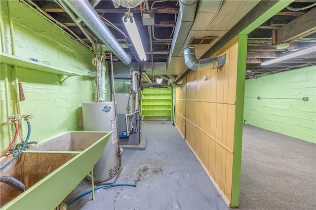 619 1st St, Verona, PA 15147 - unfinished basement with gas water heater, a sink, and heating unit