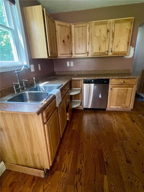 223 Division Ave, Ellwood City Law, PA 16117 - kitchen with stainless steel dishwasher, a sink, light brown cabinetry, and dark wood-style floors