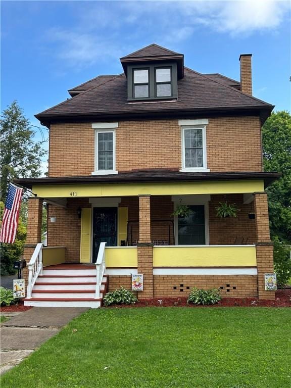 411 Woodland Ave, Grove City Boro, PA 16127 - american foursquare style home with a porch, brick siding, a front lawn, a chimney, and a shingled roof