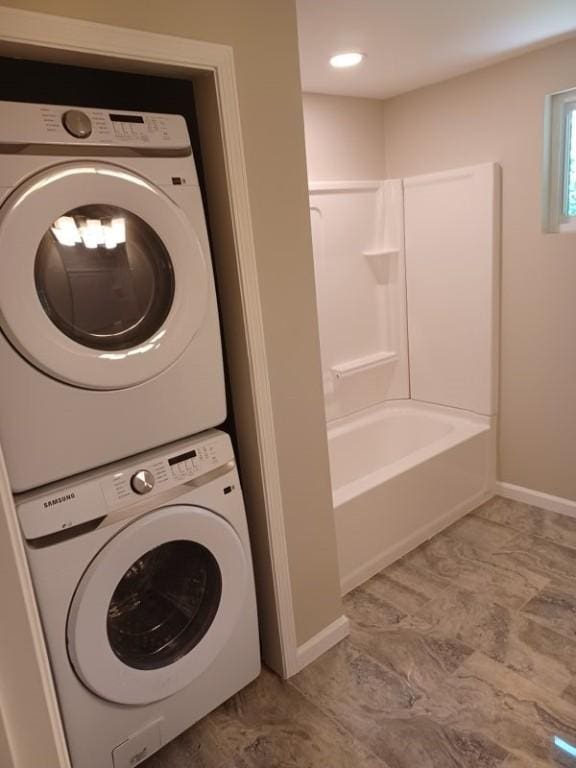 1601 Burchfield Rd, Shaler, PA 15101 - laundry room featuring estacked washer and dryer and baseboards