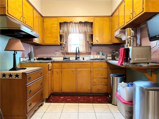 1673 Hancock Ave, Oklahoma Boro, PA 15613 - kitchen featuring under cabinet range hood, a sink, brown cabinets, and tasteful backsplash