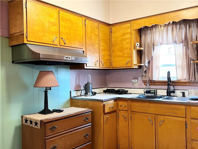 1673 Hancock Ave, Oklahoma Boro, PA 15613 - kitchen featuring a sink, ventilation hood, light countertops, brown cabinets, and backsplash