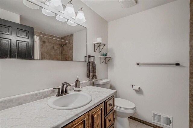 1382 Great Oak Dr, Scott Twp Sal, PA 15220 - full bath with toilet, vanity, a shower with shower curtain, tile patterned flooring, and a chandelier
