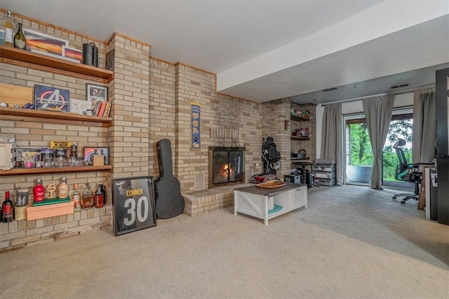 1382 Great Oak Dr, Scott Twp Sal, PA 15220 - living area with carpet flooring, a brick fireplace, and brick wall