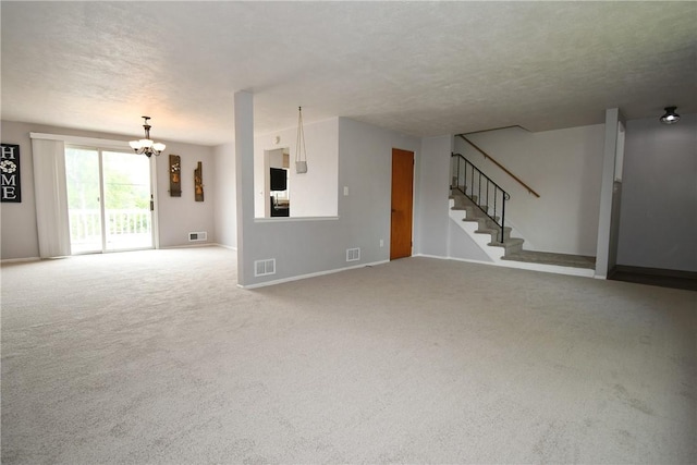 341 Macassar Dr, Baldwin Boro, PA 15236 - unfurnished living room with a chandelier, a textured ceiling, stairs, carpet flooring, and baseboards