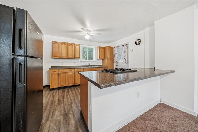 1124 Ridgeland Dr, Marshall Shadeland, PA 15212 - kitchen with freestanding refrigerator, stainless steel gas stovetop, a sink, ceiling fan, and a peninsula