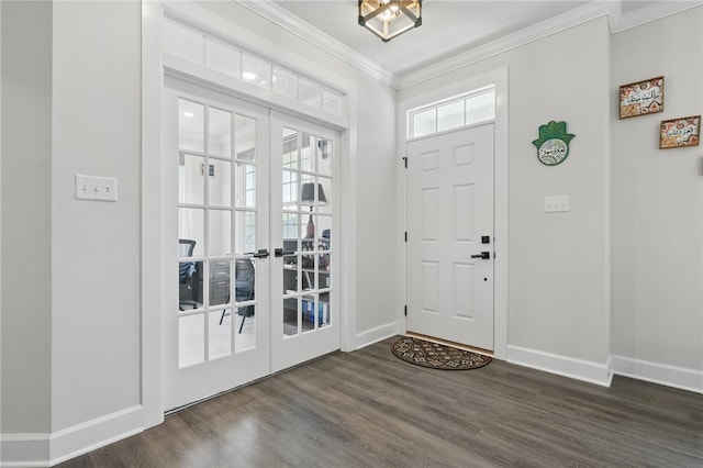 5023 Kensington Dr, Cecil, PA 15317 - foyer entrance with ornamental molding, french doors, dark wood finished floors, baseboards, and a chandelier