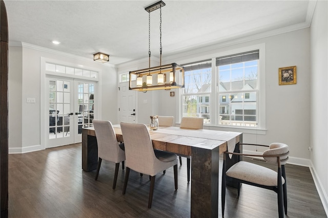 5023 Kensington Dr, Cecil, PA 15317 - dining space featuring ornamental molding, baseboards, dark wood finished floors, french doors, and recessed lighting