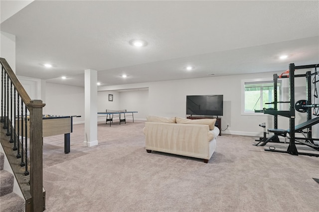 5023 Kensington Dr, Cecil, PA 15317 - living room with light carpet, stairs, recessed lighting, and baseboards