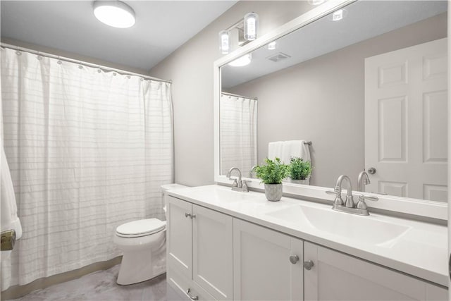 401 Pebble Creek Dr, Cranberry Twp, PA 16066 - bathroom with toilet, double vanity, and a shower with shower curtain