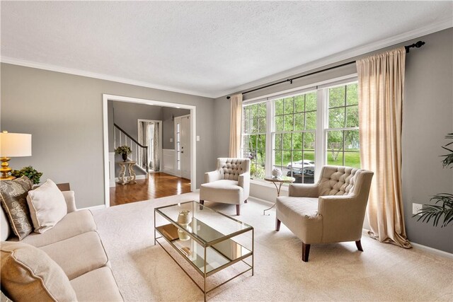 401 Pebble Creek Dr, Cranberry Twp, PA 16066 - living room featuring crown molding, stairway, a textured ceiling, and baseboards