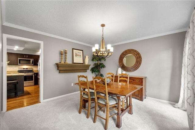 401 Pebble Creek Dr, Cranberry Twp, PA 16066 - dining space with light colored carpet, a chandelier, ornamental molding, and baseboards