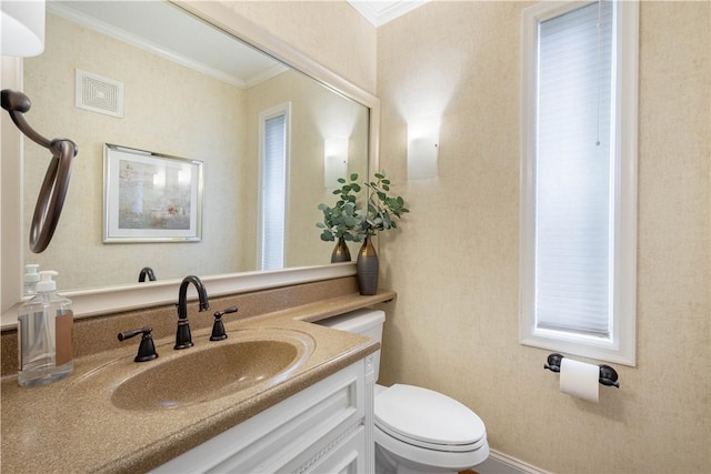 401 Pebble Creek Dr, Cranberry Twp, PA 16066 - half bathroom featuring toilet, crown molding, and vanity