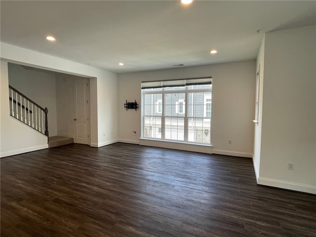 2122 Westcott Ln, South Fayette, PA 15017 - unfurnished living room featuring stairway, baseboards, dark wood-style floors, and recessed lighting