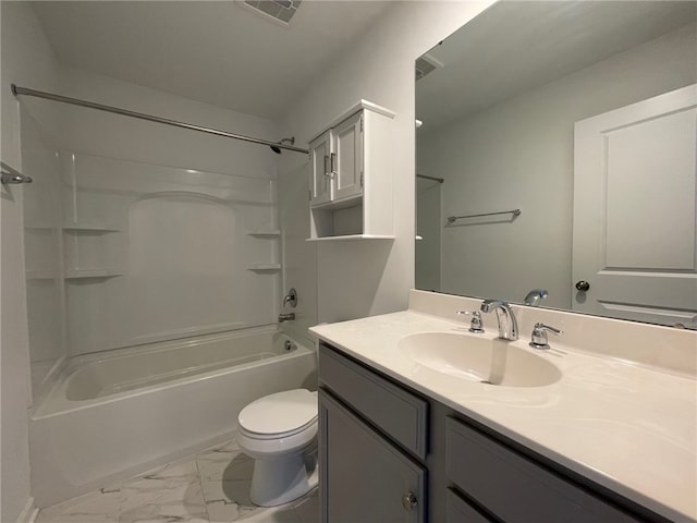 2122 Westcott Ln, South Fayette, PA 15017 - bathroom with vanity, marble finish flooring, toilet, and shower / tub combination