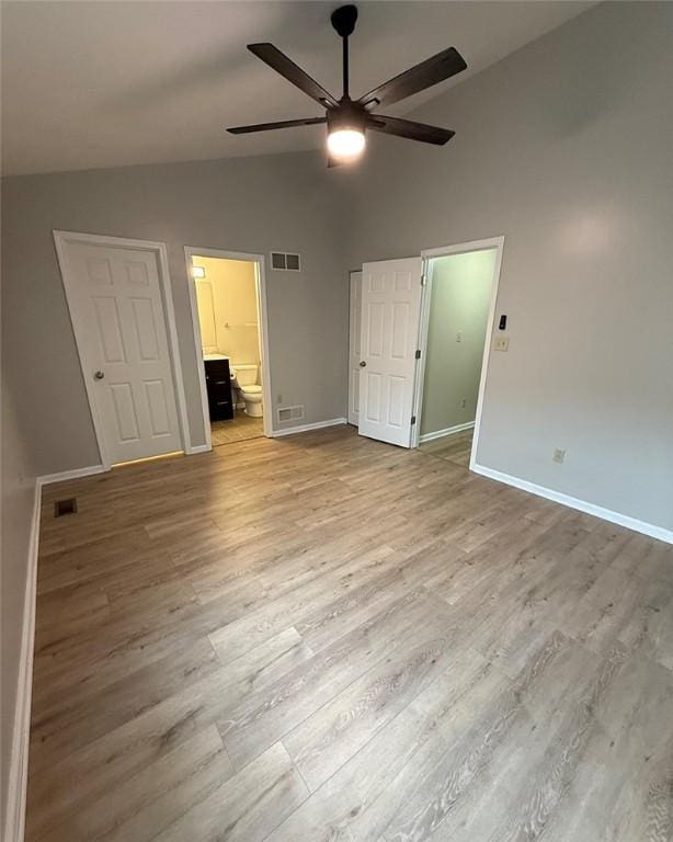124 Hillvue Dr, Seven Fields Boro, PA 16046 - unfurnished bedroom with wood finished floors, high vaulted ceiling, ensuite bath, and a ceiling fan