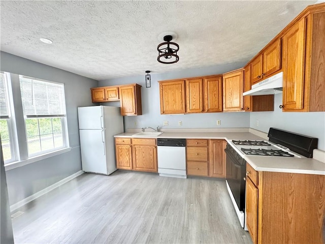 123 Pine Creek Dr, Peters Twp, PA 15367 - kitchen with white appliances, under cabinet range hood, a sink, light wood finished floors, and light countertops