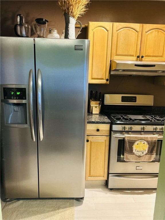 4236 Haldane St, Greenfield, PA 15207 - kitchen featuring stainless steel appliances, under cabinet range hood, light brown cabinets, and dark countertops