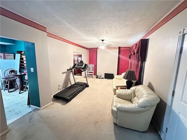 1308 Main St, Aliquippa, PA 15001 - exercise area with carpet floors, a ceiling fan, a textured ceiling, and ornamental molding