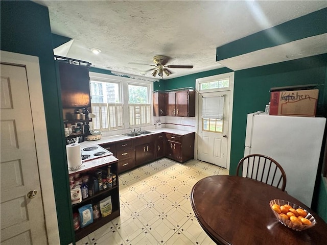 1308 Main St, Aliquippa, PA 15001 - kitchen with freestanding refrigerator, light flooring, a sink, dark brown cabinetry, and ceiling fan