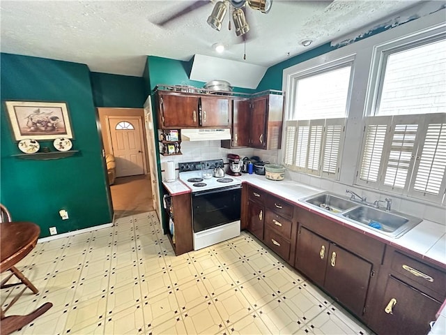 1308 Main St, Aliquippa, PA 15001 - kitchen featuring range with electric cooktop, under cabinet range hood, a sink, light countertops, and ceiling fan