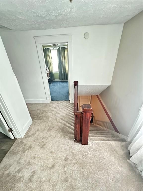 1308 Main St, Aliquippa, PA 15001 - stairway with carpet, a textured ceiling, and baseboards